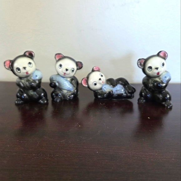Other - 1950s Anthropomorphic Bears Holding Fish Small Figurines Japan 4 Pcs Pre-Owned